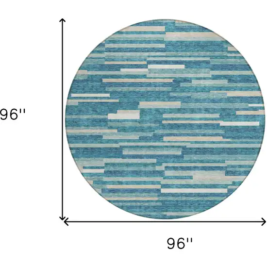 8' Teal Blue And Ivory Round Striped Washable Indoor Outdoor Area Rug Photo 3