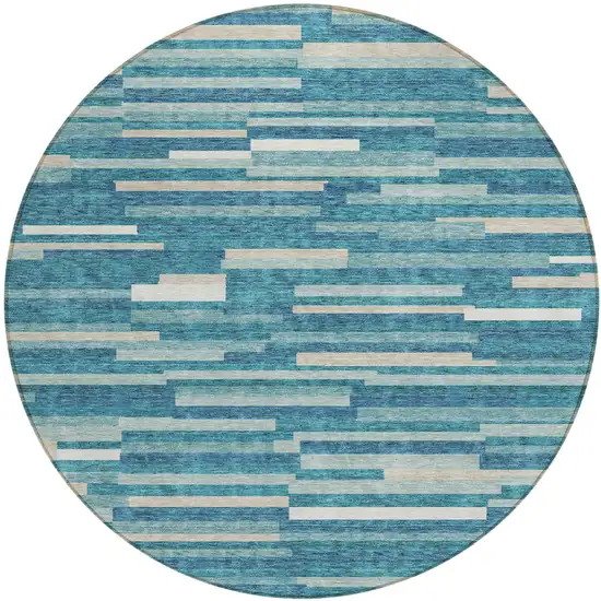 8' Teal Blue And Ivory Round Striped Washable Indoor Outdoor Area Rug Photo 2