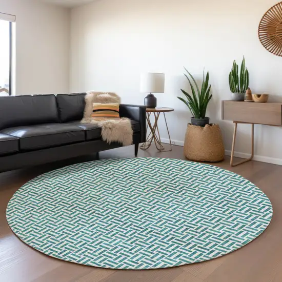 8' Teal Blue And Silver Round Geometric Washable Indoor Outdoor Area Rug Photo 7