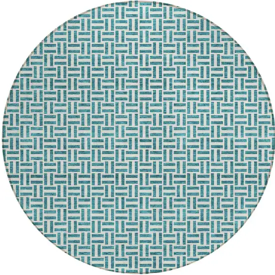 8' Teal Blue And Silver Round Geometric Washable Indoor Outdoor Area Rug Photo 5