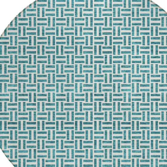 8' Teal Blue And Silver Round Geometric Washable Indoor Outdoor Area Rug Photo 4