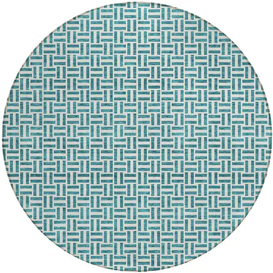 8' Teal Blue And Silver Round Geometric Washable Indoor Outdoor Area Rug Photo 2