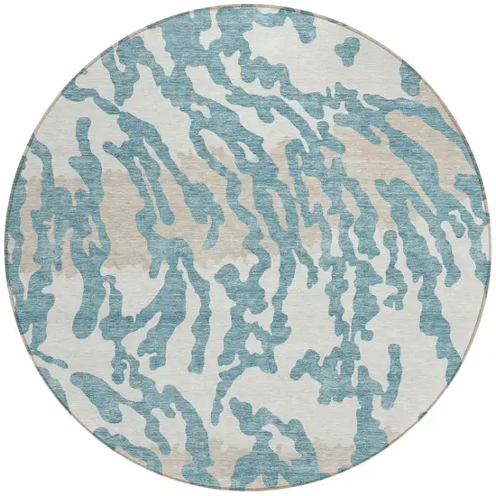 8' Teal Blue Beige And Ivory Round Animal Print Washable Indoor Outdoor Area Rug Photo 5