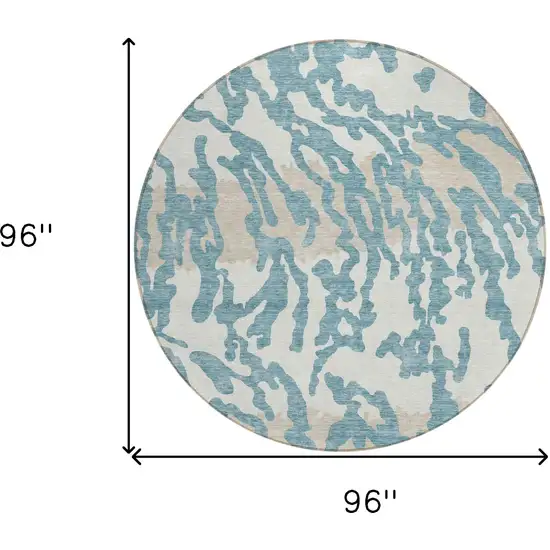 8' Teal Blue Beige And Ivory Round Animal Print Washable Indoor Outdoor Area Rug Photo 3