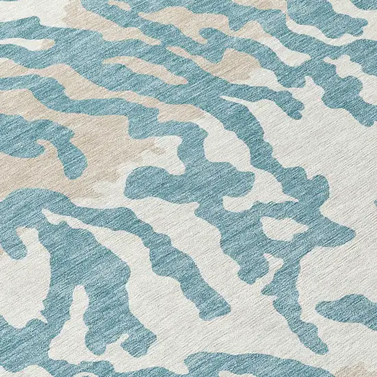 8' Teal Blue Beige And Ivory Round Animal Print Washable Indoor Outdoor Area Rug Photo 8