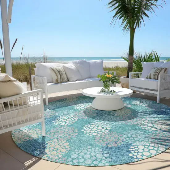 8' Teal Blue Gray And Ivory Round Polka Dot Washable Indoor Outdoor Area Rug Photo 7