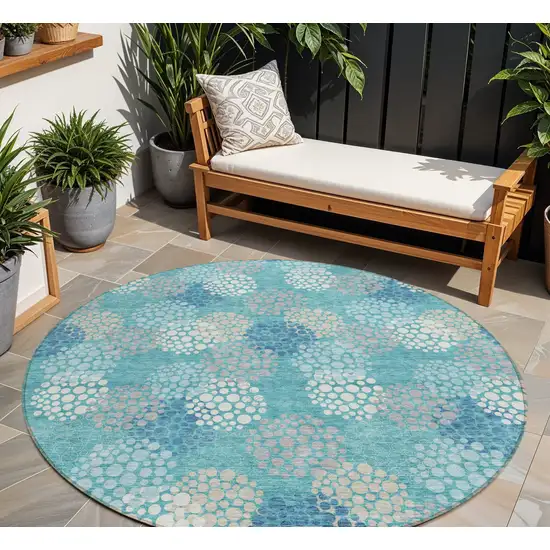 8' Teal Blue Gray And Ivory Round Polka Dot Washable Indoor Outdoor Area Rug Photo 1