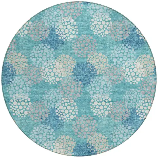 8' Teal Blue Gray And Ivory Round Polka Dot Washable Indoor Outdoor Area Rug Photo 5