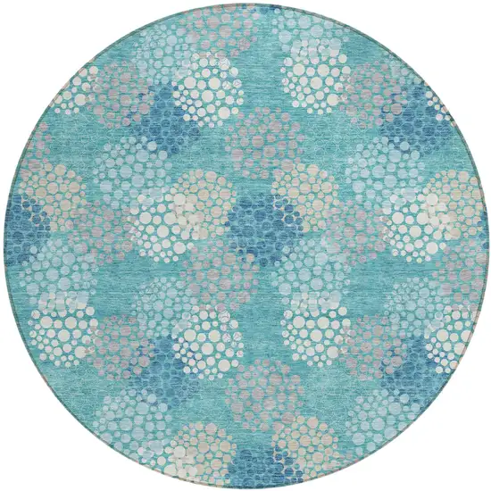8' Teal Blue Gray And Ivory Round Polka Dot Washable Indoor Outdoor Area Rug Photo 2