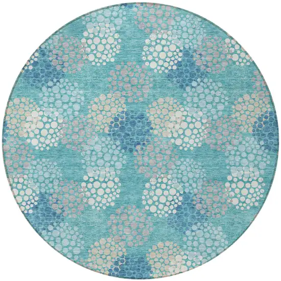 8' Teal Blue Gray And Ivory Round Polka Dot Washable Indoor Outdoor Area Rug Photo 6