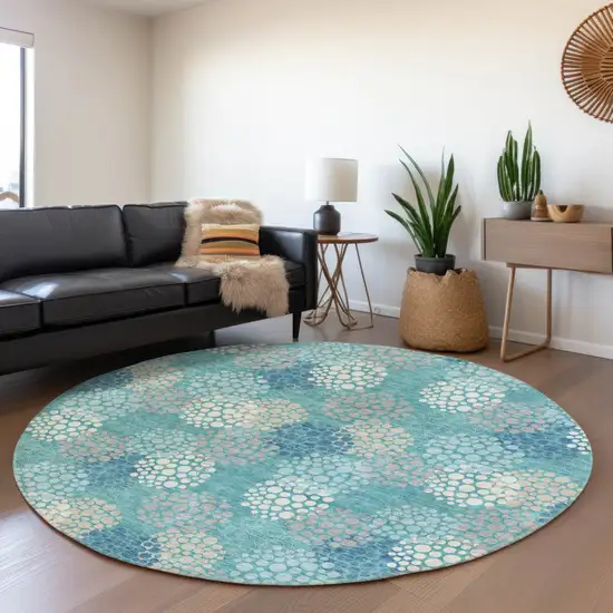 8' Teal Blue Gray And Ivory Round Polka Dot Washable Indoor Outdoor Area Rug Photo 8