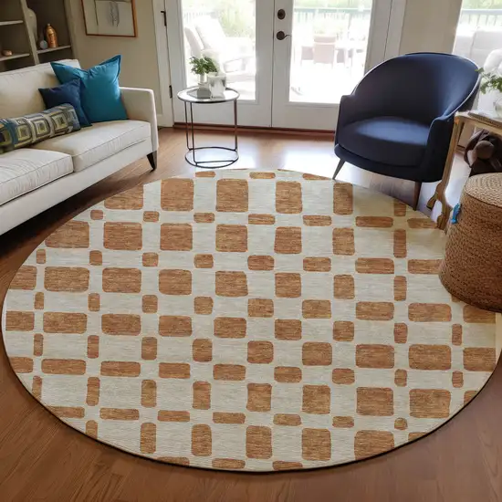 8' Terra Cotta And Beige Round Geometric Washable Indoor Outdoor Area Rug Photo 8