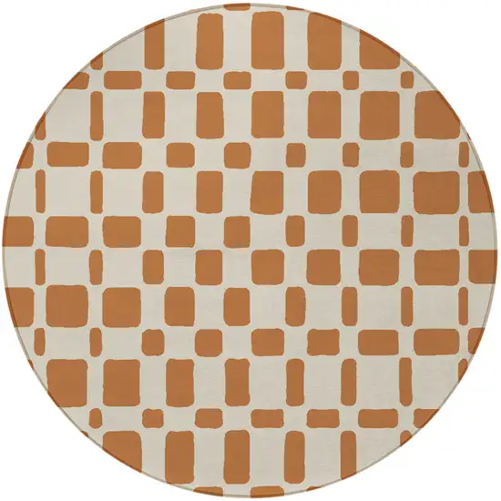 8' Terra Cotta And Beige Round Geometric Washable Indoor Outdoor Area Rug Photo 6