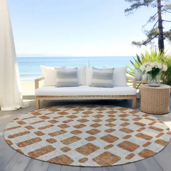 8' Terra Cotta And Beige Round Geometric Washable Indoor Outdoor Area Rug Photo 7