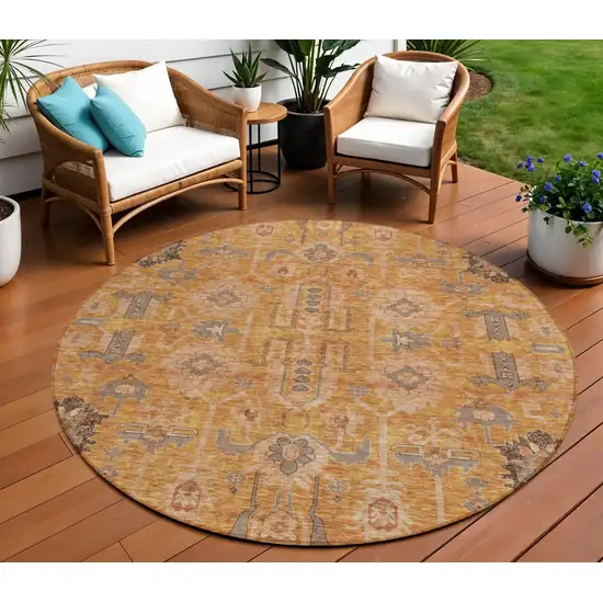 8' Terra Cotta Beige And Gray Round Oriental Washable Indoor Outdoor Area Rug Photo 1