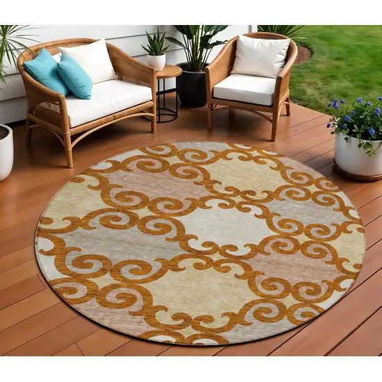 8' Terra Cotta Beige And Gray Round Trellis Washable Indoor Outdoor Area Rug Photo 1