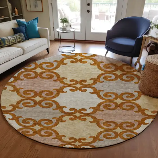 8' Terra Cotta Beige And Gray Round Trellis Washable Indoor Outdoor Area Rug Photo 7