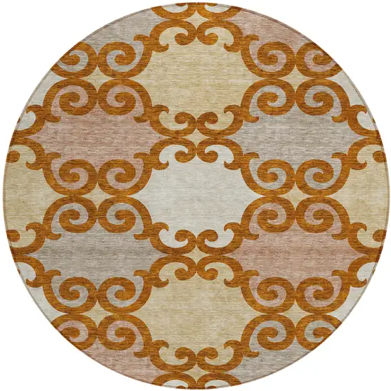 8' Terra Cotta Beige And Gray Round Trellis Washable Indoor Outdoor Area Rug Photo 2
