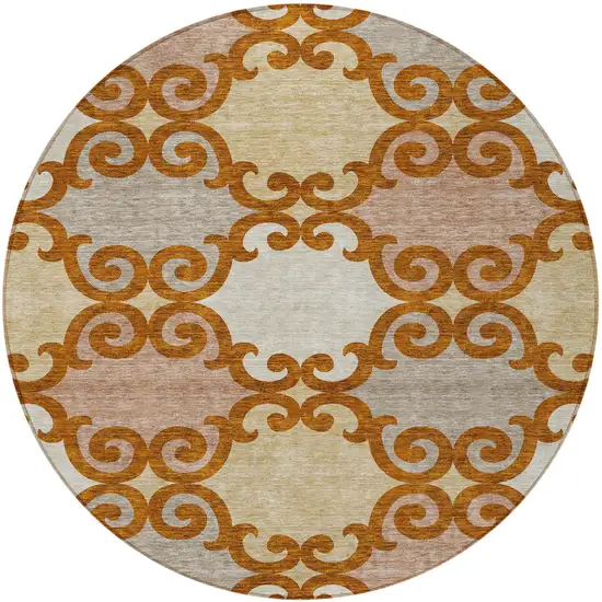 8' Terra Cotta Beige And Gray Round Trellis Washable Indoor Outdoor Area Rug Photo 5