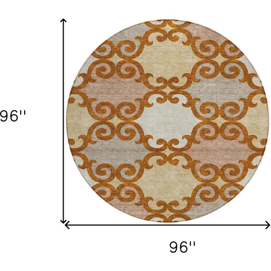 8' Terra Cotta Beige And Gray Round Trellis Washable Indoor Outdoor Area Rug Photo 3