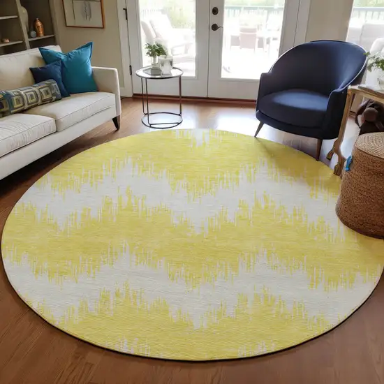 8' Yellow And Gray Round Chevron Washable Indoor Outdoor Area Rug Photo 8