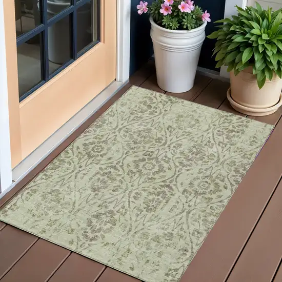 Artichoke Green And Brown Floral Washable Indoor Outdoor Area Rug Photo 1
