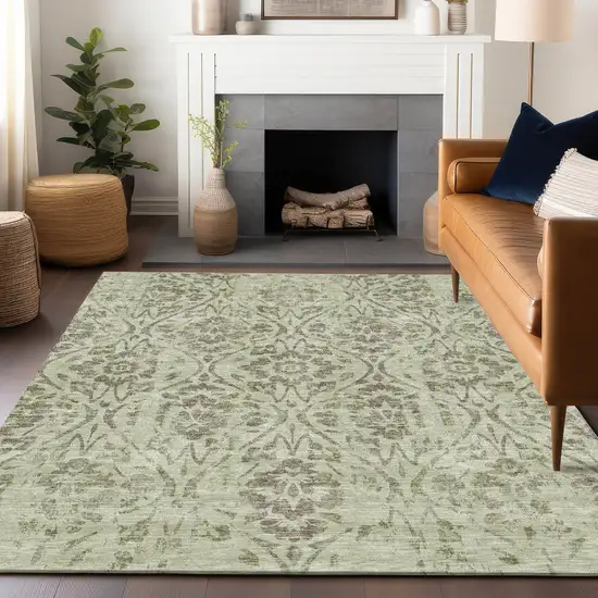 Artichoke Green And Brown Floral Washable Indoor Outdoor Area Rug Photo 9