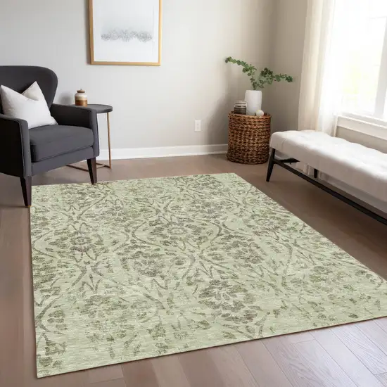 Artichoke Green And Brown Floral Washable Indoor Outdoor Area Rug Photo 9