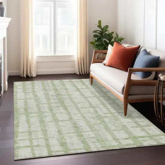 Artichoke Green And Gray Striped Washable Indoor Outdoor Area Rug Photo 9