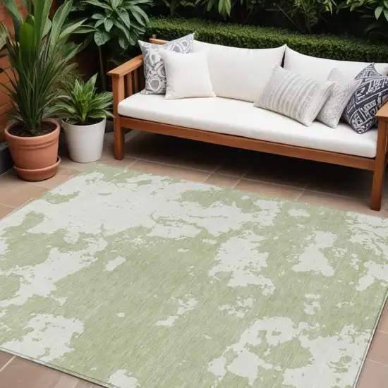 Artichoke Green And Ivory Abstract Washable Indoor Outdoor Area Rug Photo 1
