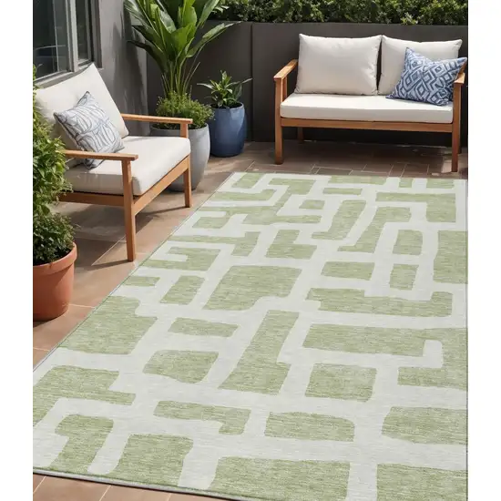 Artichoke Green And Ivory Abstract Washable Indoor Outdoor Area Rug Photo 1