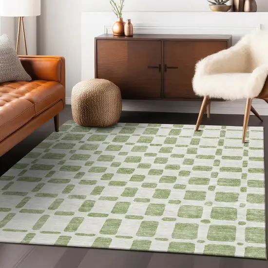 Artichoke Green And Ivory Geometric Washable Indoor Outdoor Area Rug Photo 9