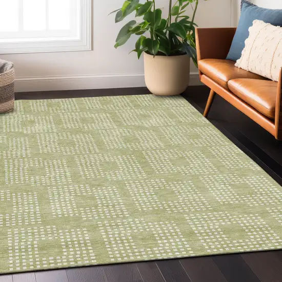Artichoke Green And Ivory Geometric Washable Indoor Outdoor Area Rug Photo 9