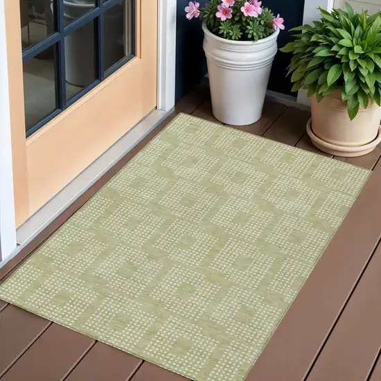 Artichoke Green And Ivory Geometric Washable Indoor Outdoor Area Rug Photo 1