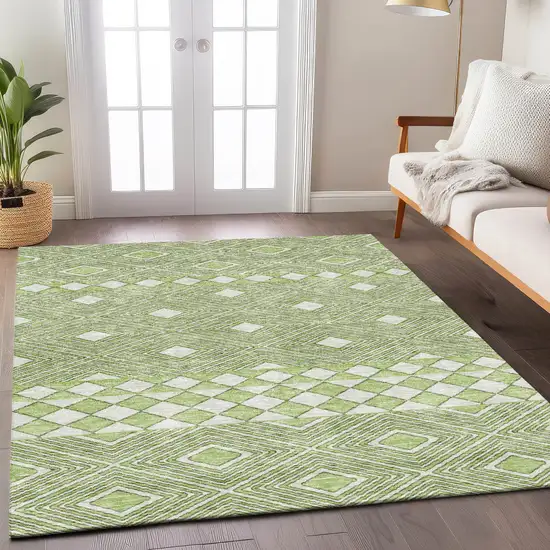 Artichoke Green And Ivory Geometric Washable Indoor Outdoor Area Rug Photo 9