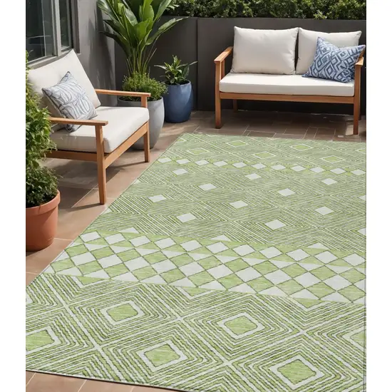 Artichoke Green And Ivory Geometric Washable Indoor Outdoor Area Rug Photo 1