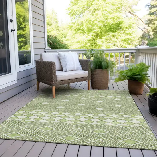 Artichoke Green And Ivory Geometric Washable Indoor Outdoor Area Rug Photo 8
