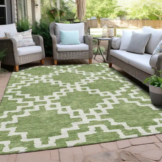 Artichoke Green And Ivory Geometric Washable Indoor Outdoor Area Rug Photo 8