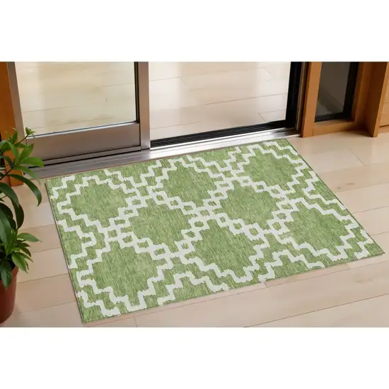 Artichoke Green And Ivory Geometric Washable Indoor Outdoor Area Rug Photo 1