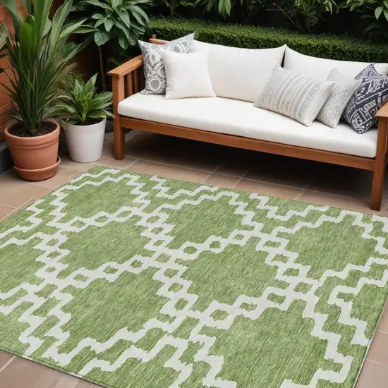 Artichoke Green And Ivory Geometric Washable Indoor Outdoor Area Rug Photo 1