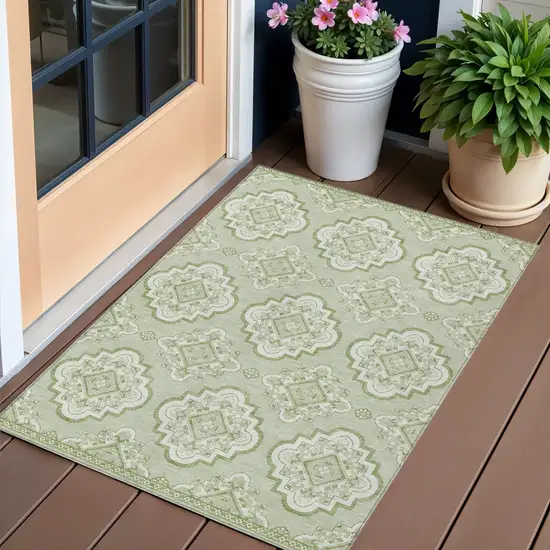Artichoke Green And Ivory Medallion Washable Indoor Outdoor Area Rug Photo 1