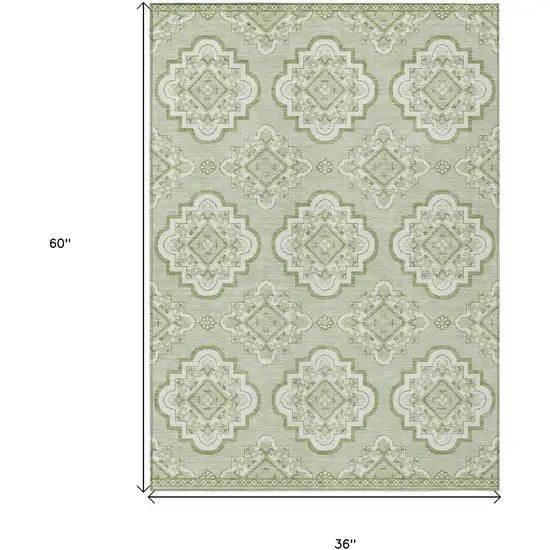 Artichoke Green And Ivory Medallion Washable Indoor Outdoor Area Rug Photo 3