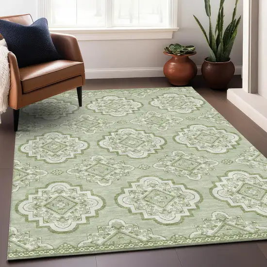 Artichoke Green And Ivory Medallion Washable Indoor Outdoor Area Rug Photo 9