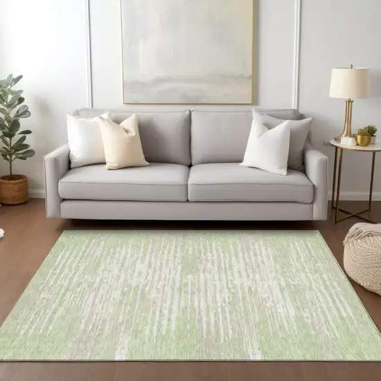 Artichoke Green And Ivory Striped Washable Indoor Outdoor Area Rug Photo 9