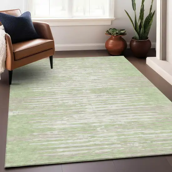 Artichoke Green And Ivory Striped Washable Indoor Outdoor Area Rug Photo 8