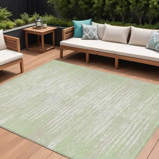 Artichoke Green And Ivory Striped Washable Indoor Outdoor Area Rug Photo 1