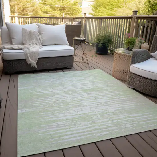 Artichoke Green And Ivory Striped Washable Indoor Outdoor Area Rug Photo 9