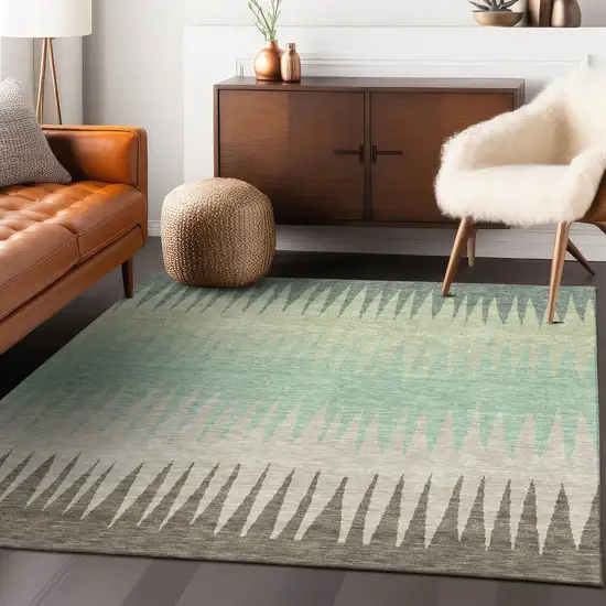 Artichoke Green Beige And Brown Striped Washable Indoor Outdoor Area Rug Photo 8