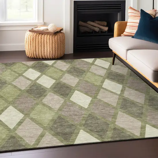 Artichoke Green Beige And Ivory Geometric Washable Indoor Outdoor Area Rug Photo 8