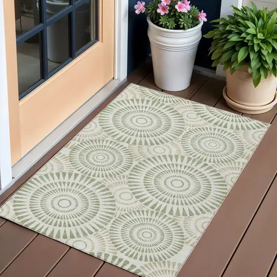 Artichoke Green Brown And Beige Geometric Washable Indoor Outdoor Area Rug Photo 1